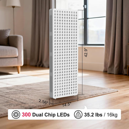 Red Light Therapy Full Body Panel, 480/630/660/810/830/850/1060Nm 7 Wavelengths Blue Red near Infrared Light Device with 300 Dual Chip Clinical Grade Leds, Remote Control, Timer, BO-1500