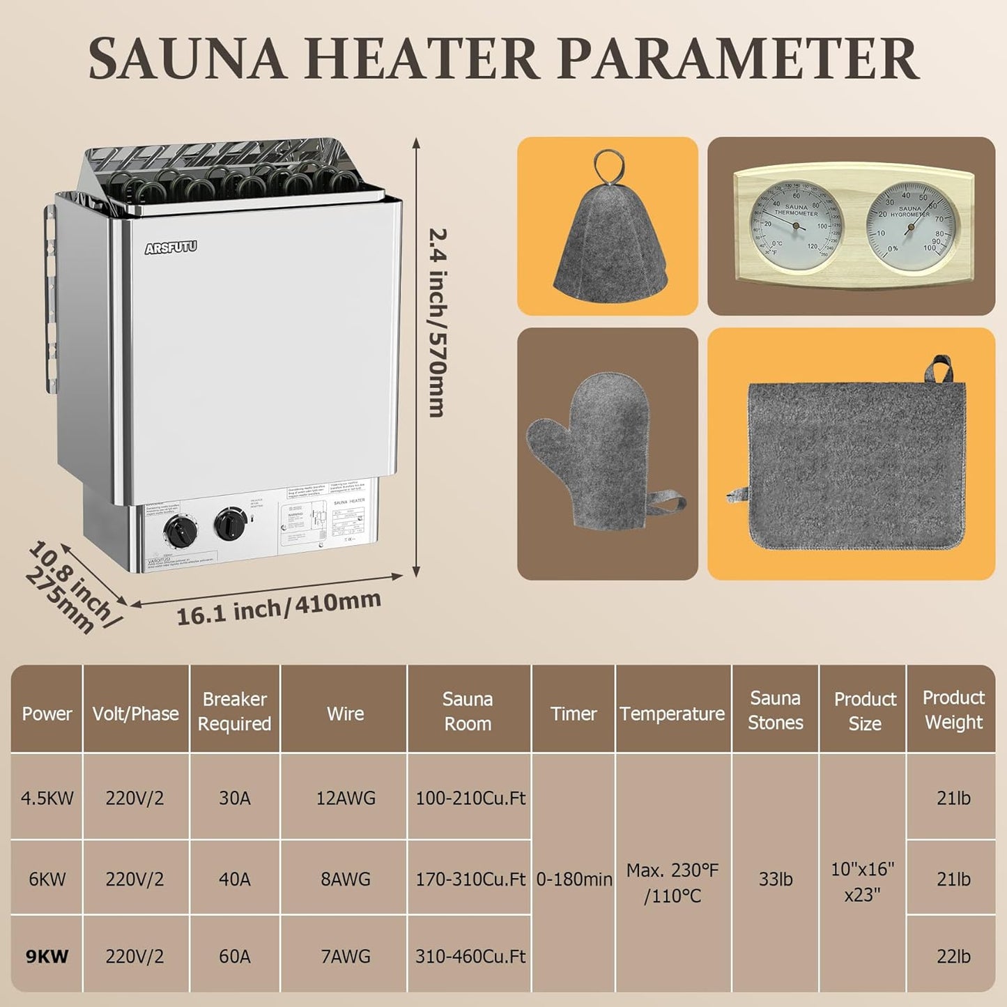 Sauna Heater 9KW 220V Electric Sauna Stove with UL Test Report Thermo-Hygrometer Sauna Hat Set for 310-460 Cu.Ft Home Hotel Spa Sauna Room