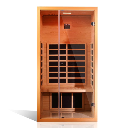 1 Person Extendable FAR Infrared Sauna for Home, Hemlock Wood Low EMF 6 Carbon Heaters Indoor Saunas with LED Lights, Bluetooth Speaker, Digital Control Panel, and Seating Bench cold plunge tub for home recovery - Narrow Gate Wellness