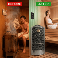 IKI Corner Series 9kW Sauna Heater Package|Premium Electric Heater for Traditional Saunas — Before & After