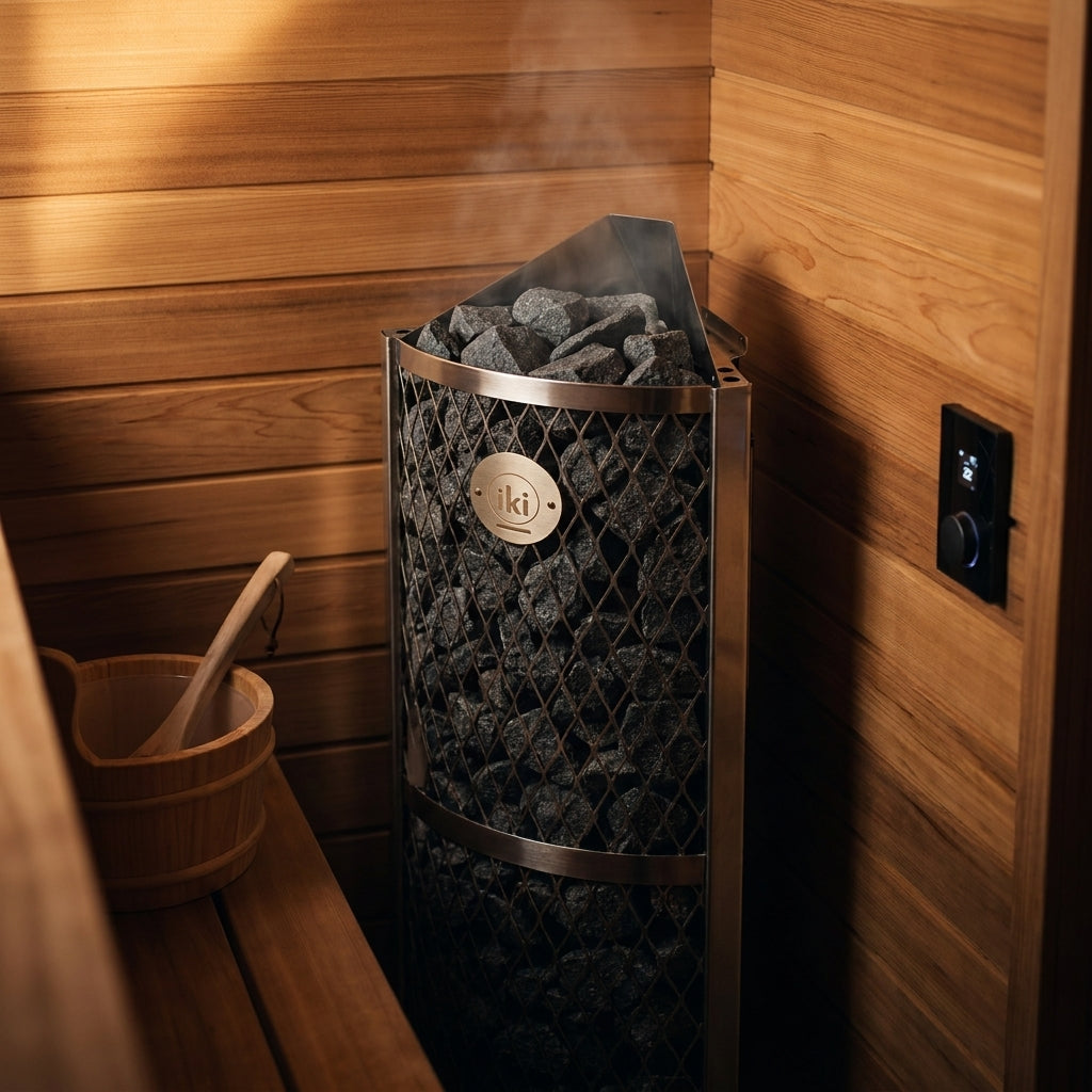 IKI Corner Series 9kW Sauna Heater Package|Premium Electric Heater for Traditional Saunas — Studio Shot