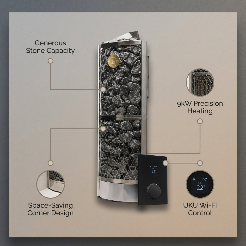 IKI Corner Series 9kW Sauna Heater Package|Premium Electric Heater for Traditional Saunas — infographic